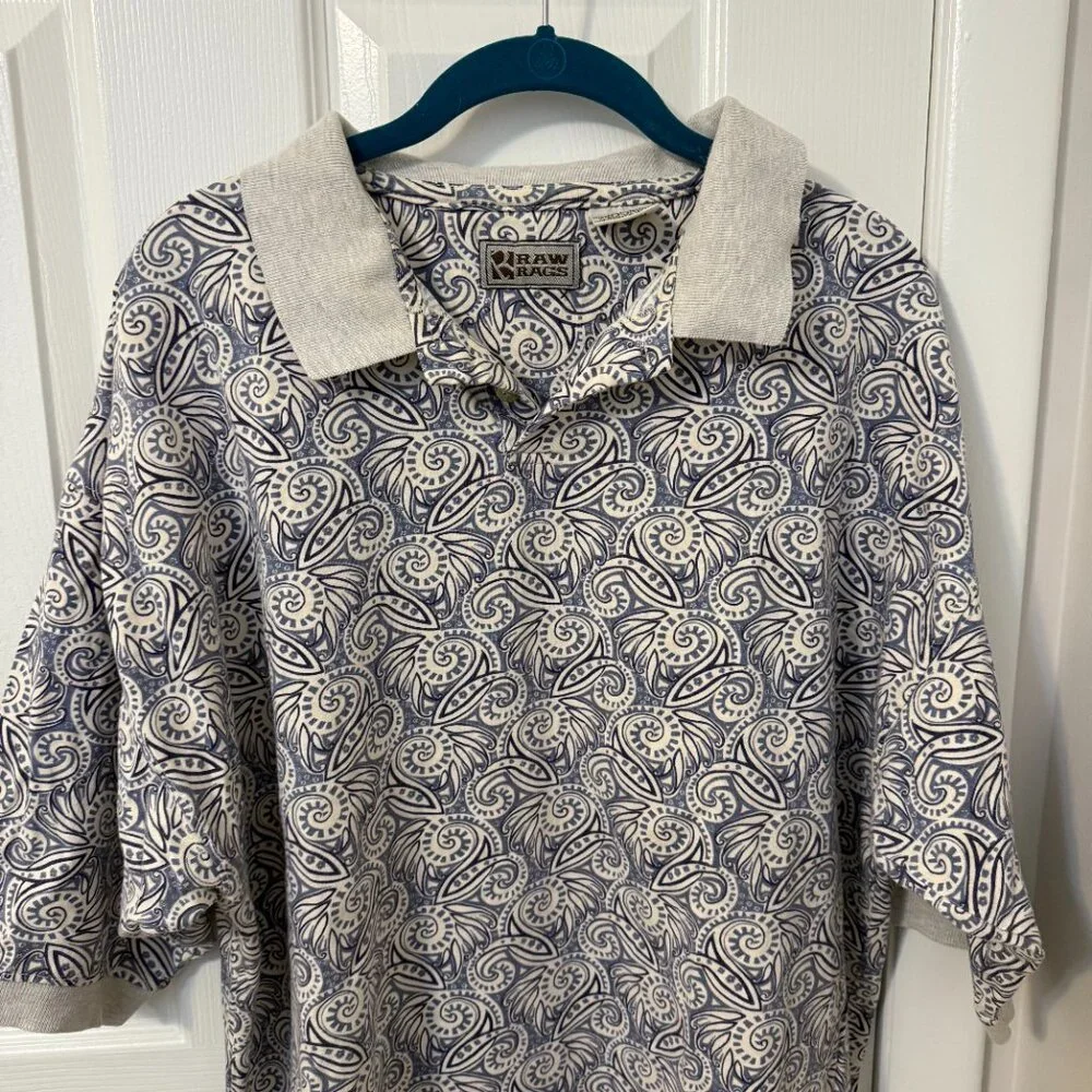 Raw Rags Vintage Men's Short Sleeve Polo Blue Geometric Pattern Size‎ XL